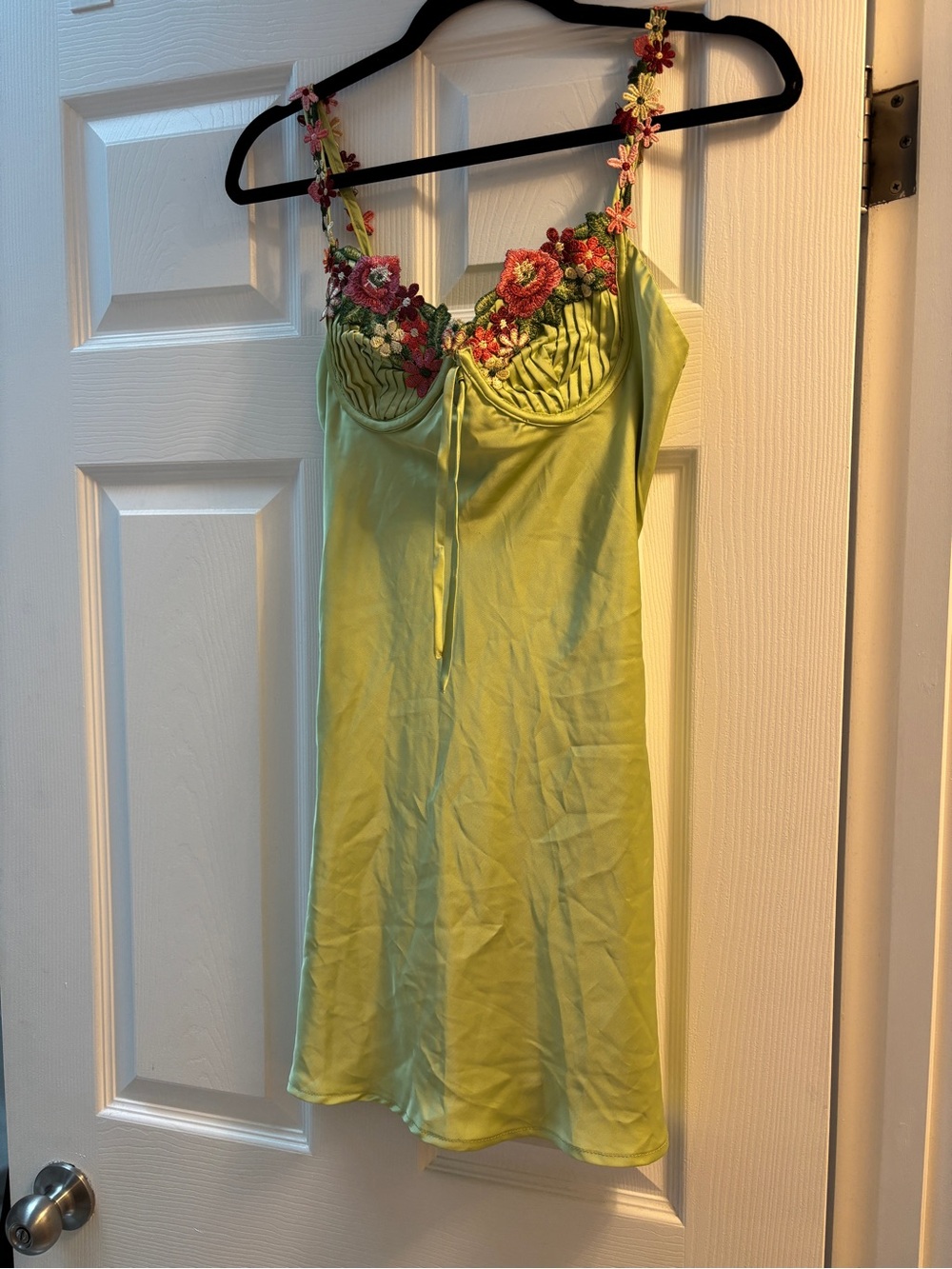 Lime Green Floral-Trim Satin Mini Dress